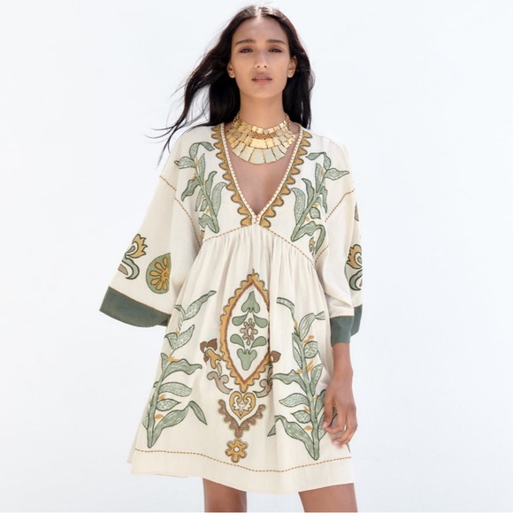 Zara Dresses Zara Embroidered Linen Blend Dress Nwt Poshmark